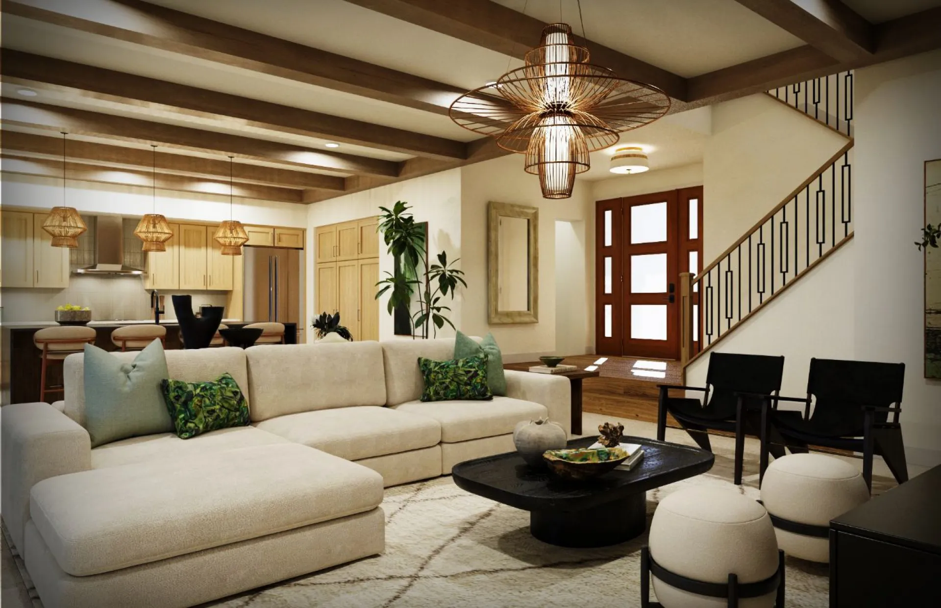 Modern living room with beige sofa, wooden accents, and decorative lighting.